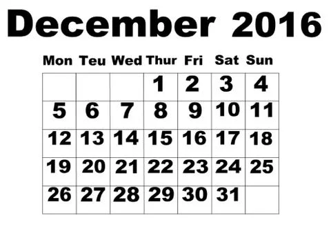 December 2016 Calendar Stock Illustration