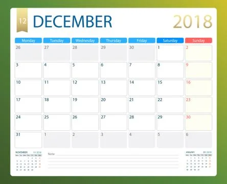 DECEMBER 2018, illustration vector calendar or desk planner, weeks start on Stock Illustration