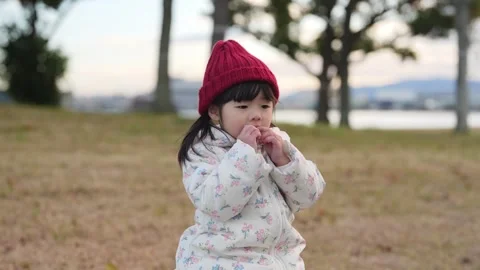 In December 2024, a 3-year-old girl eats a matcha-flavored cookie at a park near Video stock 297031889
