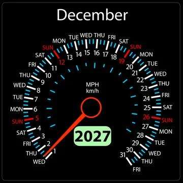December 2027 calendar designed as a car speedometer with needle Stock Illustration