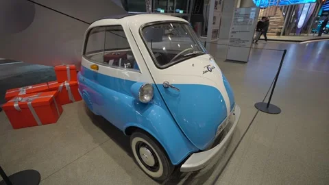 December 28, 2022. Munich. Germany. Retro automotive design featuring a blue and Stock Footage 328355779