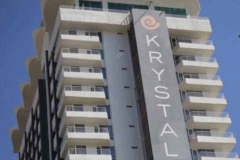December 28, 2025, Upper facade and sign of the Krystal Hotel in Acapulco Stock Photos