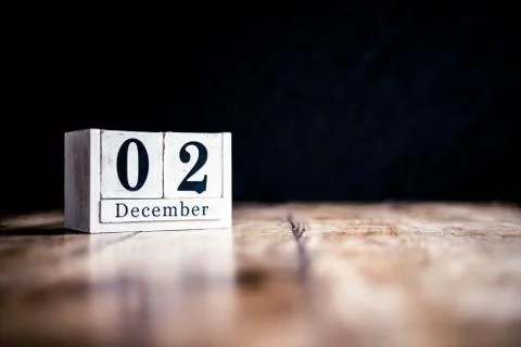 December 2nd, 2 December, Second of December - White block calendar on vintag Stock Photos