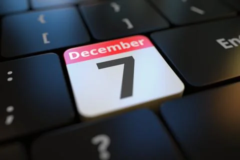 December 7 date on a keyboard key, 3d rendering Illustrazione stock