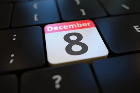 December 8 date on a keyboard key, 3d rendering Illustrazione stock