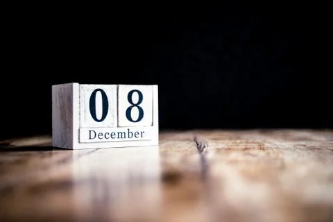 December 8th, 8 December, Eighth of December - White block calendar on vintag Stock Photos
