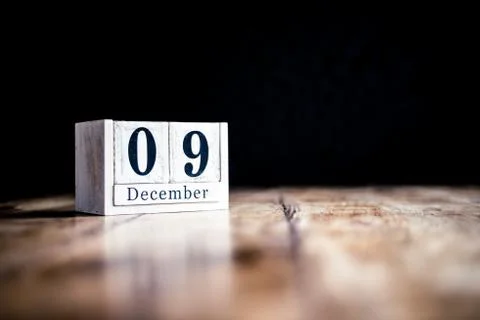 December 9th, 9 December, Nineth of December - White block calendar on vintag Stock Photos