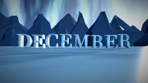 December Blue Ice 3D Text on a Frozen Lake under Aurora Stock Illustration