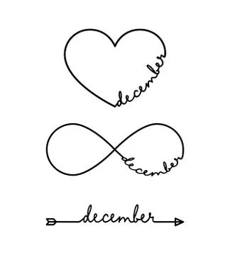 December - word with infinity symbol, hand drawn heart, one black arrow line Stock Illustration