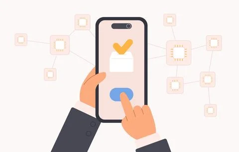 Decentralized application development, hands touch button of software on phone Stock Illustration