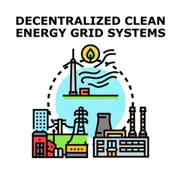 Decentralized clean energy grid systems producing power Stock Illustration