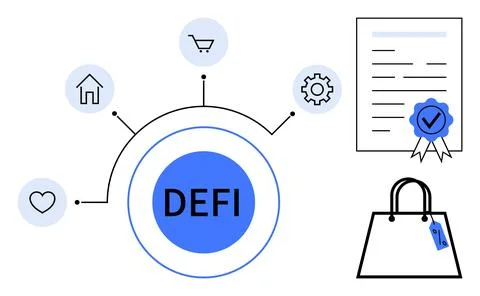 Decentralized Finance DeFi Concept with Connected Icons Representing Home, .. Stock Illustration