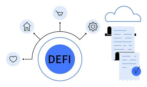 Decentralized Finance DeFi Concept with Connectivity and Cloud Data Storage.. Stock Illustration