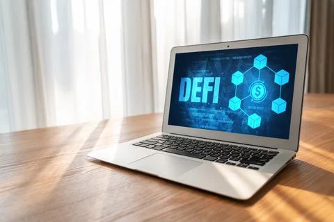 Decentralized finance or DeFi concept on modish computer screen Stock Photos