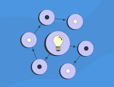Decentralized intelligence system with circular nodes, light bulb symbol and Stock Illustration