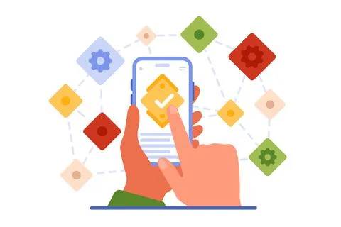 Decentralized mobile application, hands holding phone with check mark, wireframe Stock Illustration