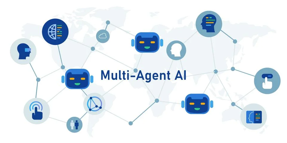 Decentralized multi agent ai ecosystem featuring various specialized Illustrazione stock