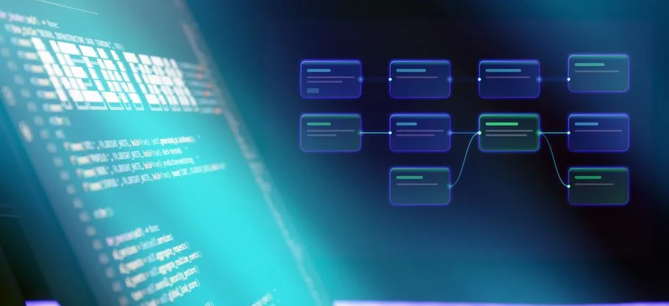 Decentralized network and blockchain technology concept. Abstract node diagra Foto stock