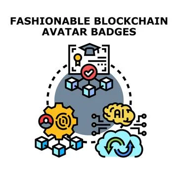 Decentralized network connecting ai, cloud, and digital badges Stock Illustration