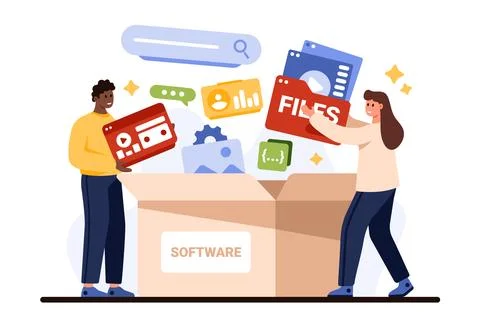 Decentralized packaged software, tiny people put multiple icons of apps in open Stock Illustration