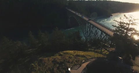 Deception Pass - Wide shot of Gorge and Bridge Stock Footage 86201986