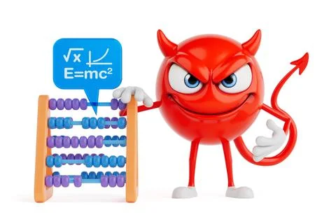 Deceptive Intelligence And Calculation Concept. Red Devil Cartoon Character.. Stock Illustration
