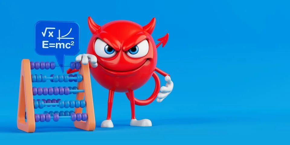 Deceptive Intelligence And Calculation Concept. Red Devil Cartoon Character.. Stock Illustration