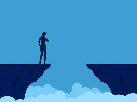 Decide on the problem. Businessman standing and thinking on a high cliff gap Stockillustratie