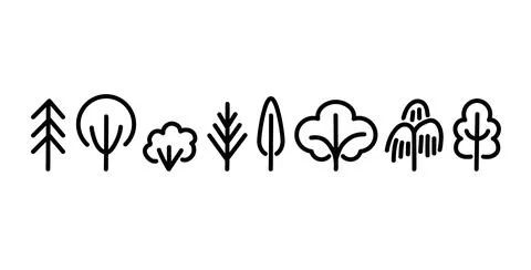 Deciduous and coniferous tree doodles standing in a row. Stock Illustration