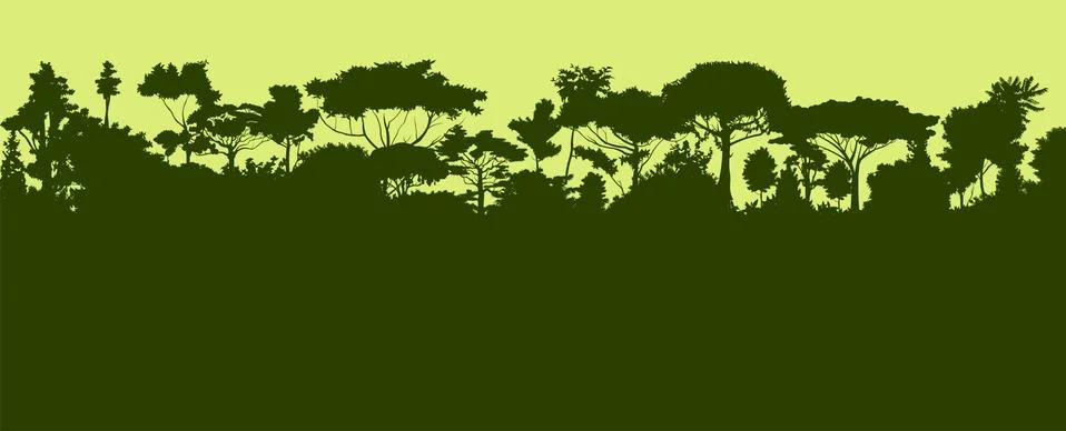 Deciduous forest silhouette. Vector. Summer landscape Jungle. Panoramic view. Stock Illustration