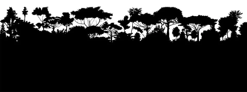 Deciduous forest silhouette. Vector. Summer landscape Jungle. Panoramic view. Stock Illustration