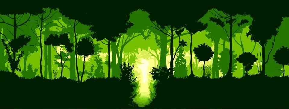 Deciduous forest silhouette. Vector. Summer landscape Jungle. Panoramic view. Stock Illustration