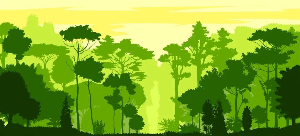 Deciduous forest silhouette. Vector. Summer landscape Jungle. Panoramic view. Stock Illustration