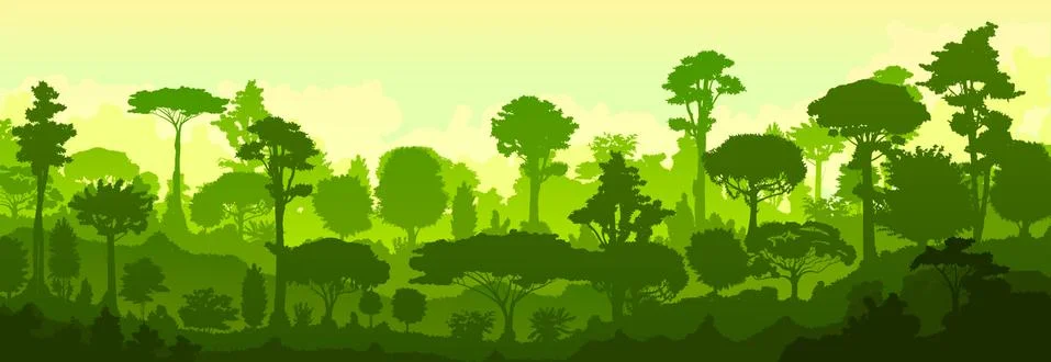 Deciduous forest silhouette. Vector. Summer landscape Jungle. Panoramic view. Stock Illustration