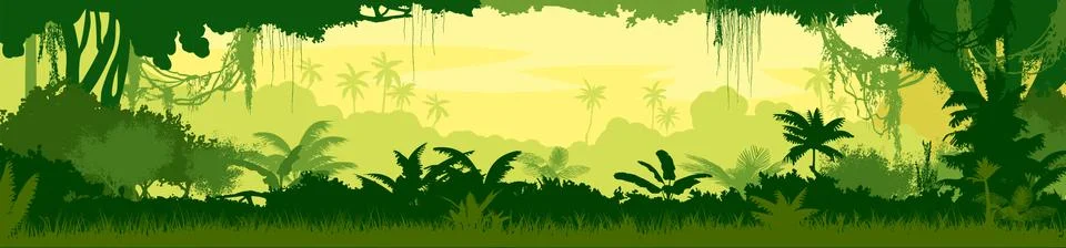 Deciduous forest silhouette. Vector. Summer landscape Jungle. Panoramic view. Stock Illustration
