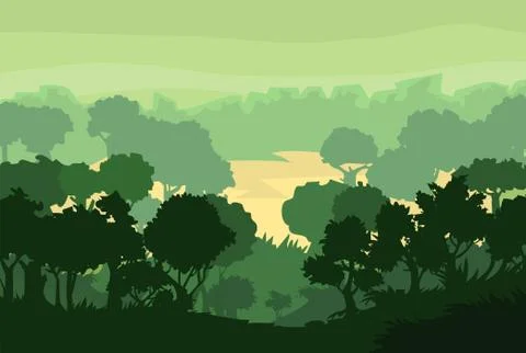 Deciduous forest silhouette. Vector. Summer landscape Jungle. Panoramic view. Stock Illustration