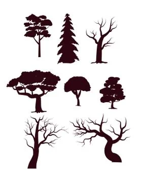 Deciduous forest trees silhouette set Stock Illustration