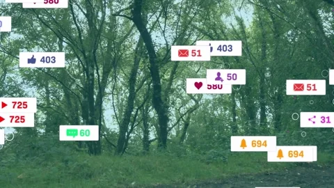Deciduous stand showing single badge appearing, badges multiplying then merging Stock Footage 333904402
