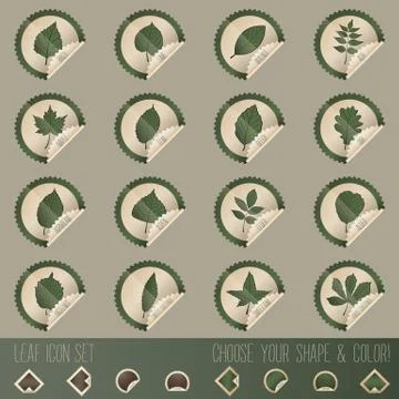 Deciduous tree leaf icon set in stamp shape Stock Illustration