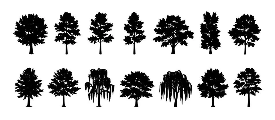 Deciduous Tree Silhouette Collection Vector Illustrazione stock