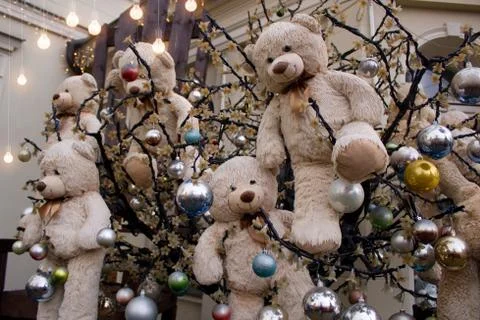 Deciduous tree without leaves decorated with plush bears and Christmas balls. Un Stock Photos