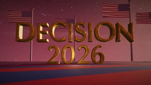 Decision 2026 Gold 3D Letters with Waving American Flags on a Red and Blue Видео 342715756