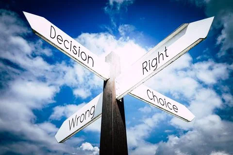 Decision, choice, right, wrong concept - signpost with four arrows Stock Illustration