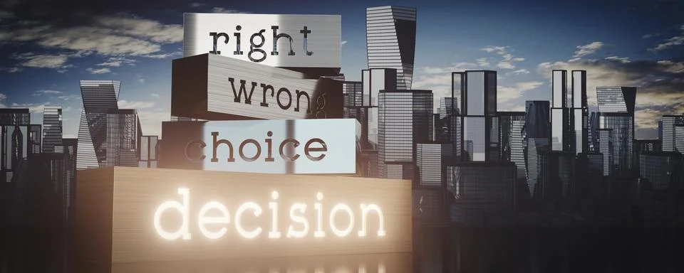 Decision concept - block shapes and skyscrapers - 3D illustration Stock Illustration