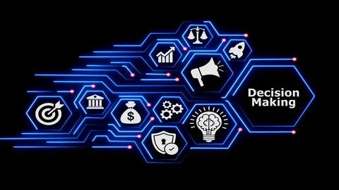 Decision making abstract concept with connected icons and neon. 스톡 일러스트