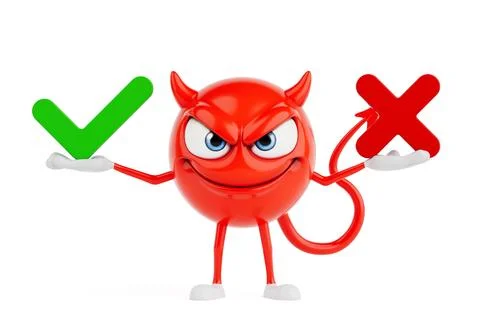 Decision Making And Choice Control Concept. Red Evil Cartoon Character Hold.. Stock Illustration