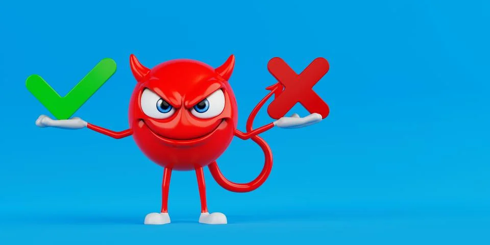Decision Making And Choice Control Concept. Red Evil Cartoon Character Hold.. Stock Illustration