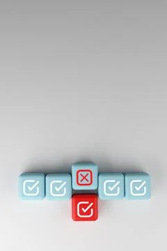 Decision making and risk management concept with check mark and cross icons.. Stock Photos