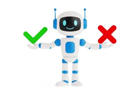 Decision Making Concept. Cute Smiling AI Robot Holding Check Mark And Cross.. Stock Illustration