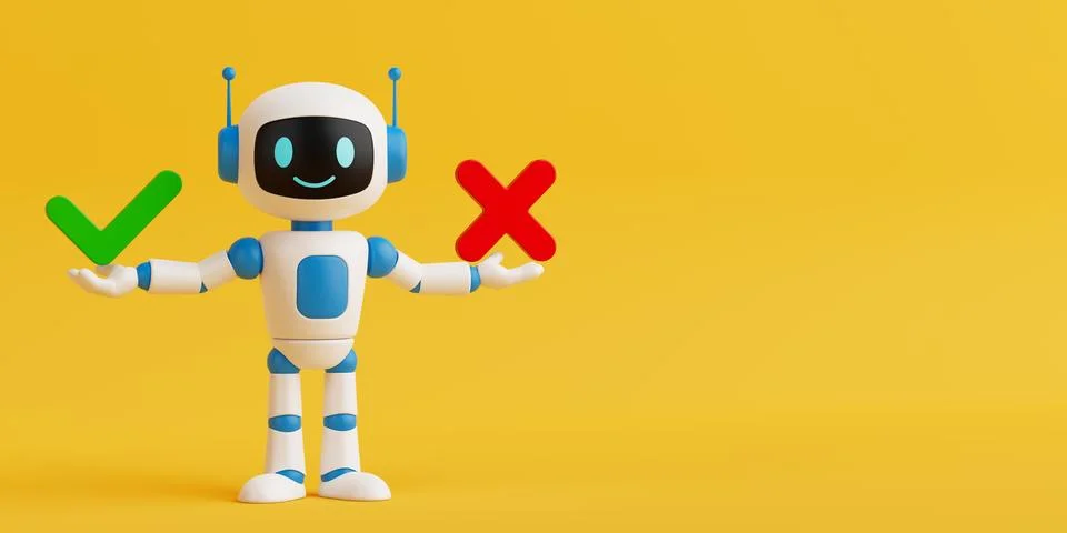 Decision Making Concept. Cute Smiling AI Robot Holding Check Mark And Cross.. Stock Illustration